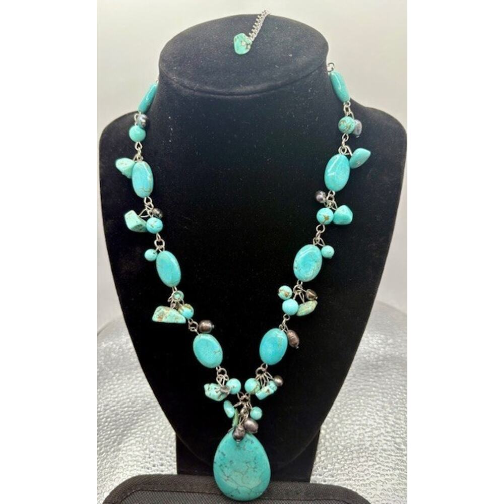 Turquoise Style Beaded Stone Necklace and Earring Set - Nickel and Lead Free - Picture 2 of 7